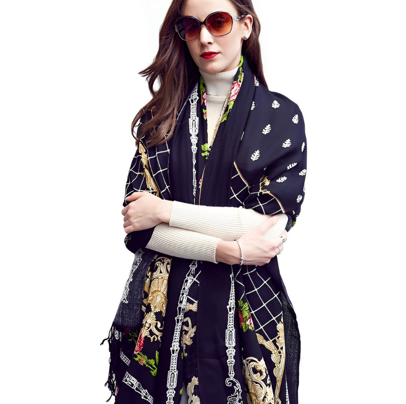 Anyyou 100% Pure Merino Wool Black Netting Pattern Stylish Poncho Winter Large Scarf With Trendy Pashmina Shawl Bandana  For Womenfashion Design