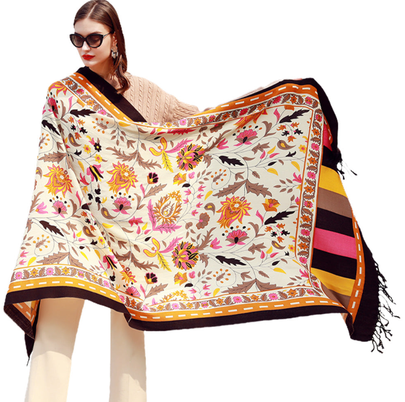 Anyyou 100% Merino Wool Beige Neck Wrap Silk Satin Large Winter Scarf Pashmina Shawl Bandana Perfect For Women Ladies Fashion Style