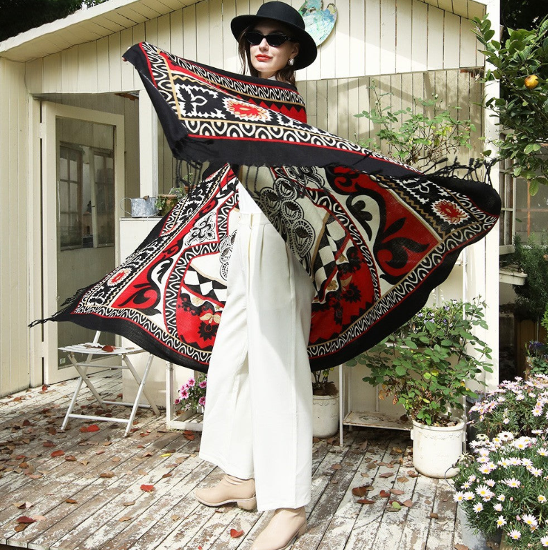 Anyyou 100% Pure Merino Wool Black Poncho Winter Large Scarf Pashmina Shawl Bandana Neck Wrap For Women