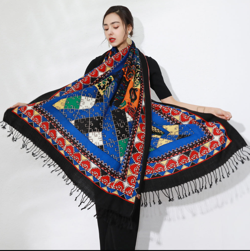 Anyyou 100% Merino Wool Blue Multi-Color Patterns Silk Satin Large Winter Scarf Pashmina Shawl Bandana Perfect For Women Ladies Fashion Style