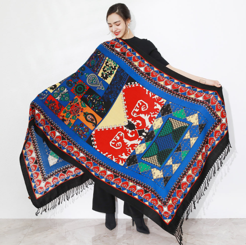Anyyou 100% Merino Wool Blue Multi-Color Patterns Silk Satin Large Winter Scarf Pashmina Shawl Bandana Perfect For Women Ladies Fashion Style