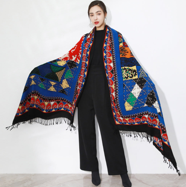 Anyyou 100% Merino Wool Blue Multi-Color Patterns Silk Satin Large Winter Scarf Pashmina Shawl Bandana Perfect For Women Ladies Fashion Style