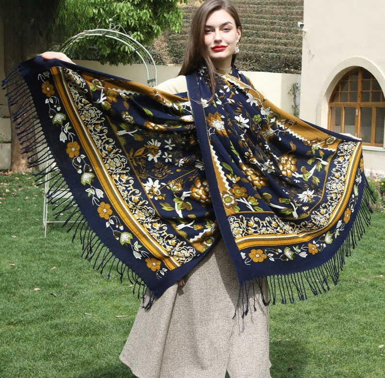 Anyyou 100% Pure Merino Wool Ebony Black Poncho Winter Large Scarf Pashmina Shawl Bandana Neck Wrap For Women