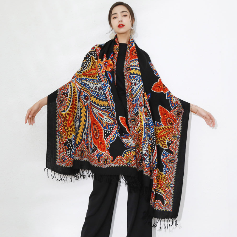 Anyyou 100% Merino Wool Black Neck Wrap Silk Satin Large Winter Scarf Pashmina Shawl Bandana Perfect For Women Ladies Fashion Style