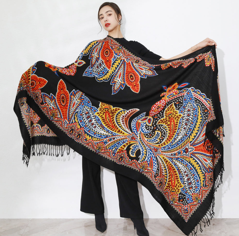 Anyyou 100% Merino Wool Black Neck Wrap Silk Satin Large Winter Scarf Pashmina Shawl Bandana Perfect For Women Ladies Fashion Style