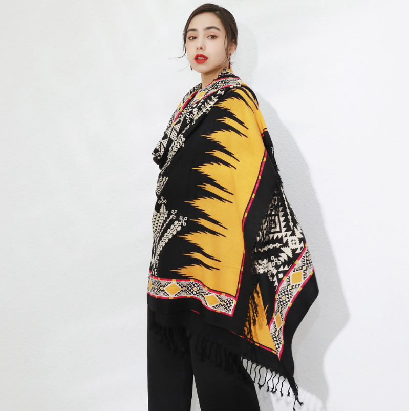 Anyyou 100% Merino Wool Yellow Buildings  Silk Satin Large Winter Scarf Pashmina Shawl Bandana Perfect For Women Ladies Fashion Style