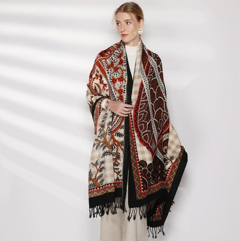 Anyyou 100% Merino Wool Black Dark Brown Symbolic Patterns Silk Satin Large Winter Scarf Pashmina Shawl Bandana Perfect For Women Ladies Fashion Style
