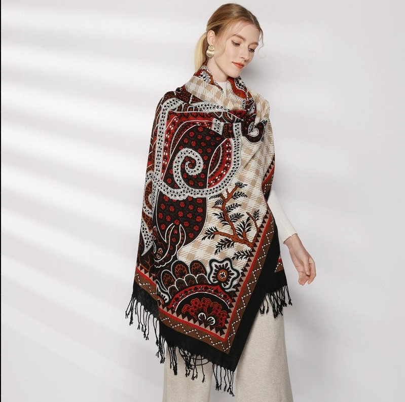 Anyyou 100% Merino Wool Black Dark Brown Symbolic Patterns Silk Satin Large Winter Scarf Pashmina Shawl Bandana Perfect For Women Ladies Fashion Style