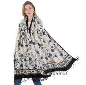 Anyyou 100% Merino Wool Blue Flower Design  Silk Satin Large Winter Scarf Pashmina Shawl Bandana Perfect For Women Ladies Fashion Style