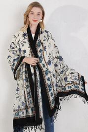 Anyyou 100% Merino Wool Blue Flower Design  Silk Satin Large Winter Scarf Pashmina Shawl Bandana Perfect For Women Ladies Fashion Style