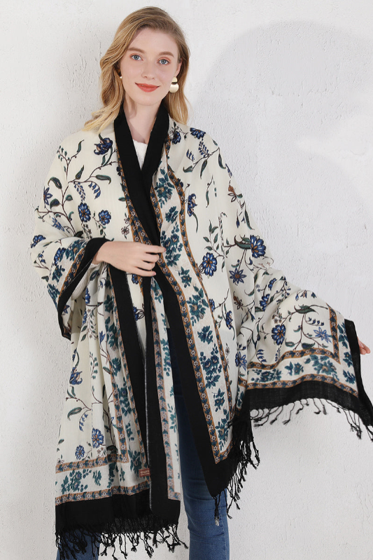 Anyyou 100% Merino Wool Blue Flower Design  Silk Satin Large Winter Scarf Pashmina Shawl Bandana Perfect For Women Ladies Fashion Style