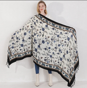 Anyyou 100% Merino Wool Blue Flower Design  Silk Satin Large Winter Scarf Pashmina Shawl Bandana Perfect For Women Ladies Fashion Style