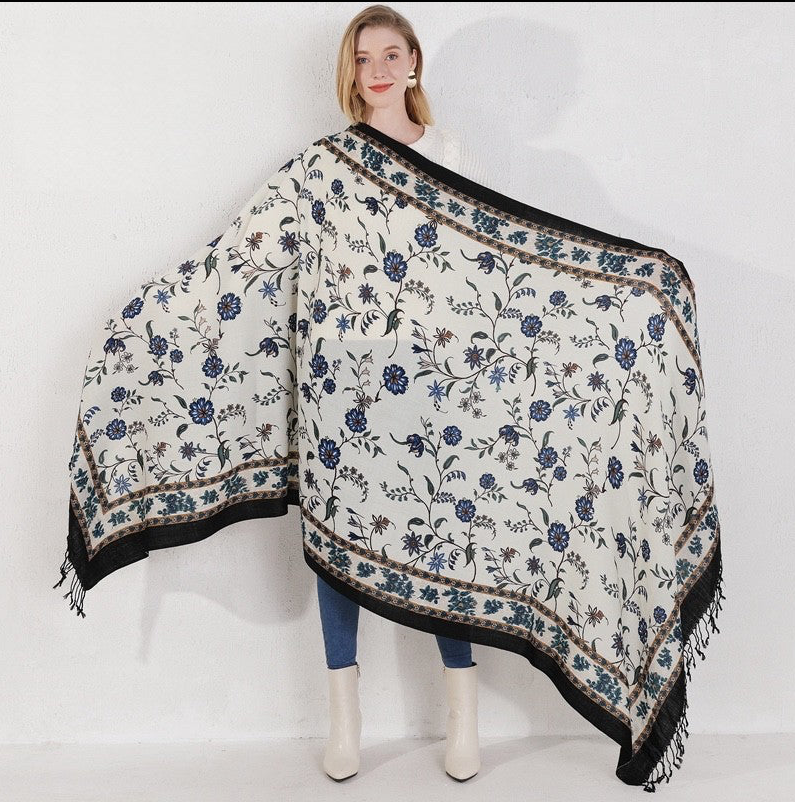 Anyyou 100% Merino Wool Blue Flower Design  Silk Satin Large Winter Scarf Pashmina Shawl Bandana Perfect For Women Ladies Fashion Style