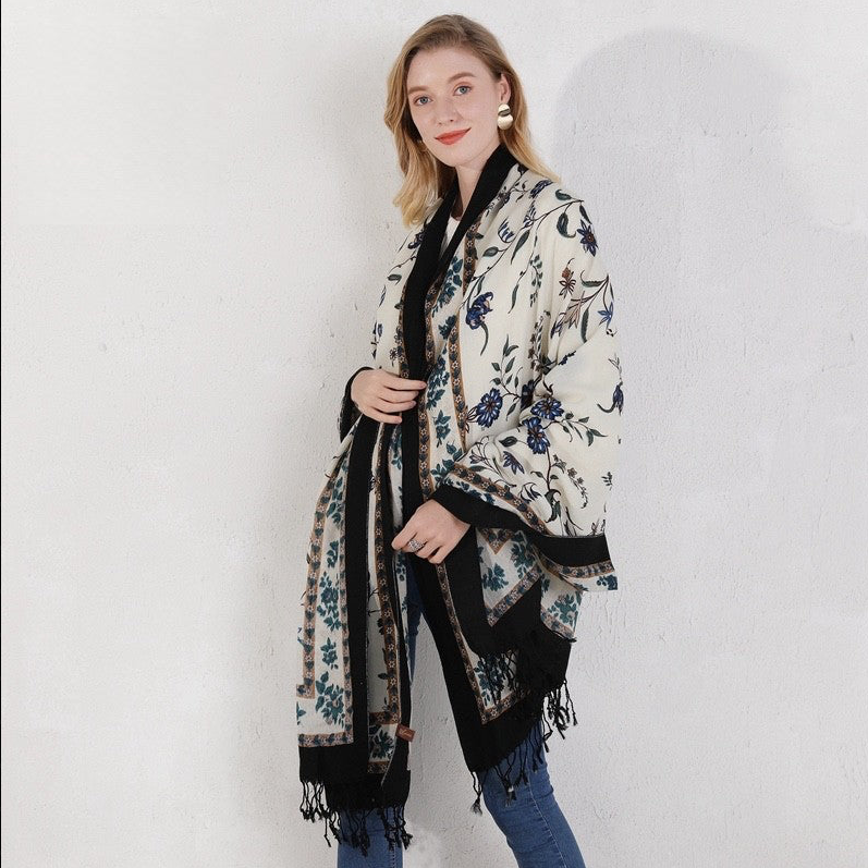 Anyyou 100% Merino Wool Blue Flower Design  Silk Satin Large Winter Scarf Pashmina Shawl Bandana Perfect For Women Ladies Fashion Style