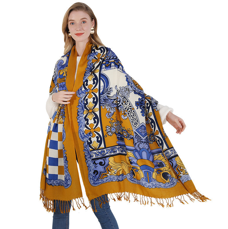 Anyyou 100% Merino Wool Mustartd Yellow Patterns  Silk Satin Large Winter Scarf Pashmina Shawl Bandana Perfect For Women Ladies Fashion Style