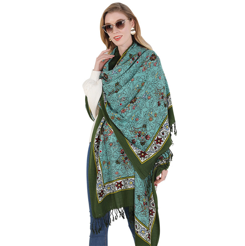 Anyyou 100% Merino Wool Cyan And Flowers  Silk Satin Large Winter Scarf Pashmina Shawl Bandana Perfect For Women Ladies Fashion Style