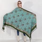 Anyyou 100% Merino Wool Cyan And Flowers  Silk Satin Large Winter Scarf Pashmina Shawl Bandana Perfect For Women Ladies Fashion Style