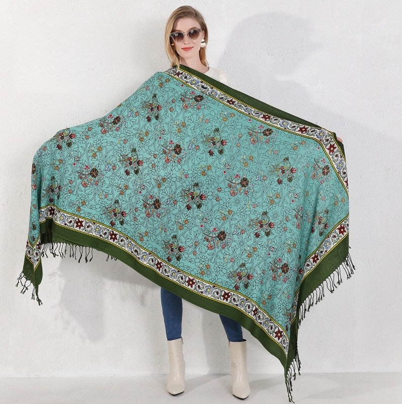 Anyyou 100% Merino Wool Cyan And Flowers  Silk Satin Large Winter Scarf Pashmina Shawl Bandana Perfect For Women Ladies Fashion Style