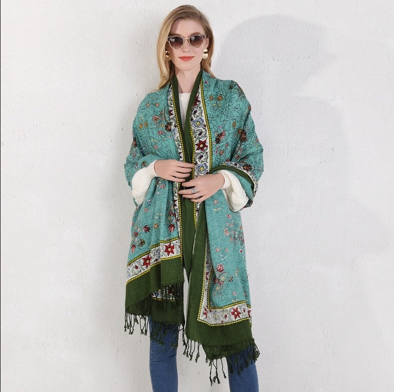 Anyyou 100% Merino Wool Cyan And Flowers  Silk Satin Large Winter Scarf Pashmina Shawl Bandana Perfect For Women Ladies Fashion Style