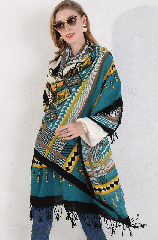 Anyyou 100% Merino Wool Pattern Chill Blues  Silk Satin Large Winter Scarf Pashmina Shawl Bandana Perfect For Women Ladies Fashion Style