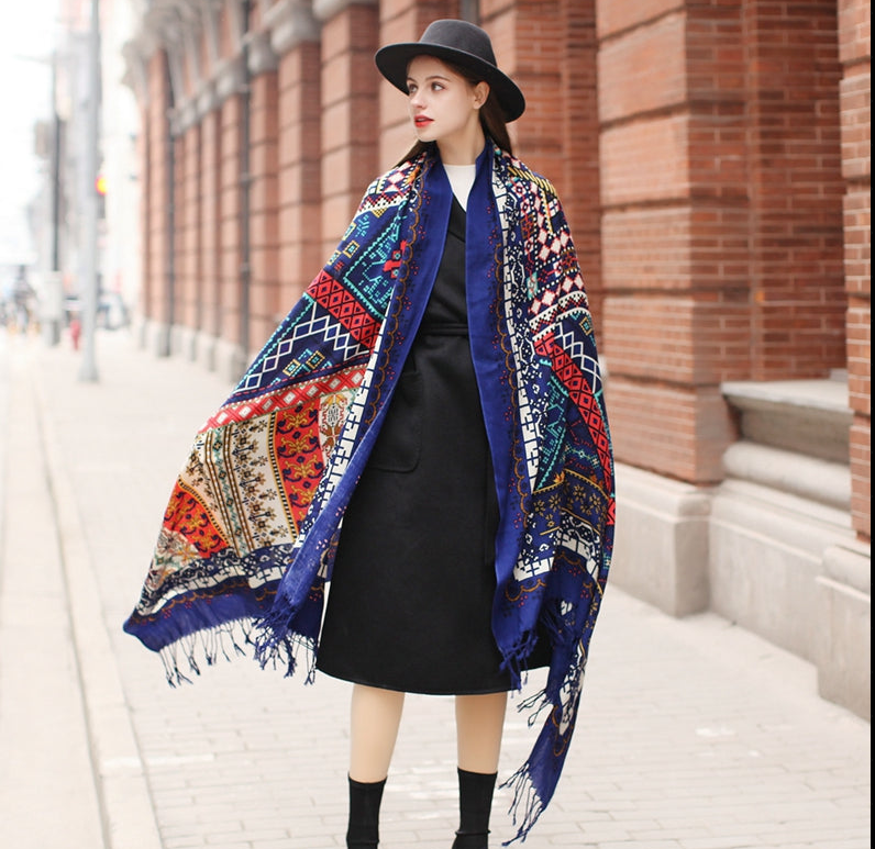 Anyyou 100% Merino Wool Blue Opus Zentangle  Silk Satin Large Winter Scarf Pashmina Shawl Bandana Perfect For Women Ladies Fashion Style