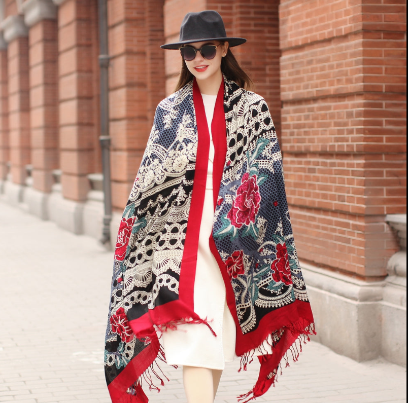 Anyyou 100% Pure Merino Wool Multicolor Rose Zentangle Stylish Poncho Winter Large Scarf With Trendy Pashmina Shawl Bandana  For Womenfashion Design