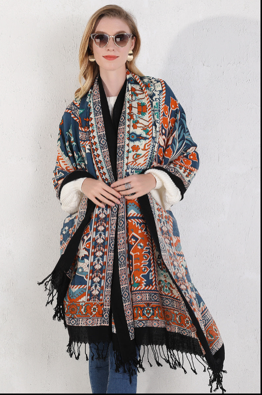 Anyyou 100% Merino Wool Blue Black And Orange  Silk Satin Large Winter Scarf Pashmina Shawl Bandana Perfect For Women Ladies Fashion Style