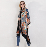 Anyyou 100% Merino Wool Blue Black And Orange  Silk Satin Large Winter Scarf Pashmina Shawl Bandana Perfect For Women Ladies Fashion Style
