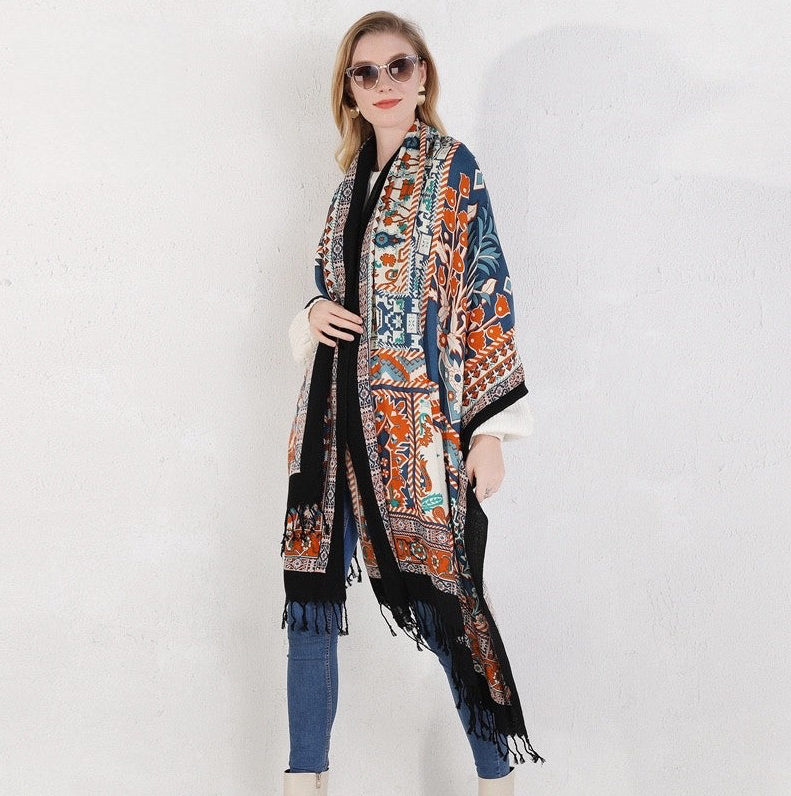 Anyyou 100% Merino Wool Blue Black And Orange  Silk Satin Large Winter Scarf Pashmina Shawl Bandana Perfect For Women Ladies Fashion Style