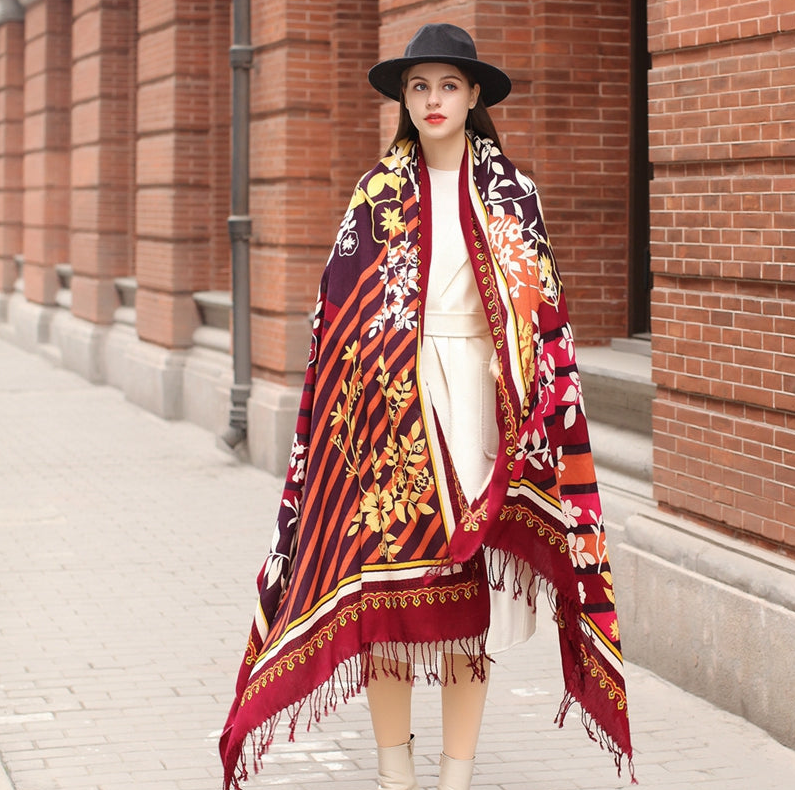 Anyyou 100% Merino Wool Burgundy  Silk Satin Large Winter Scarf Pashmina Shawl Bandana Perfect For Women Ladies Fashion Style