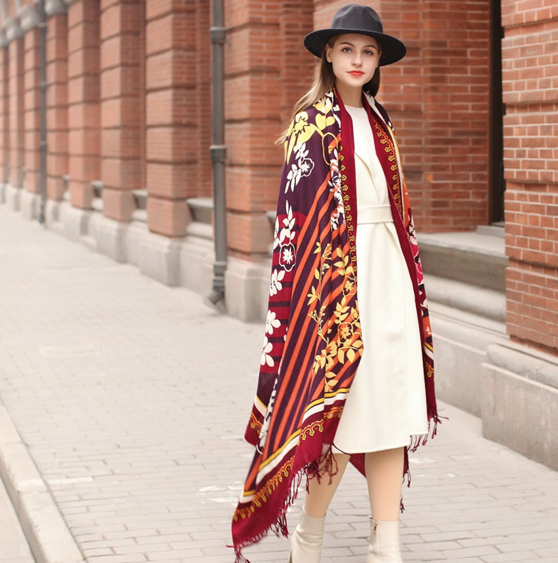 Anyyou 100% Merino Wool Burgundy  Silk Satin Large Winter Scarf Pashmina Shawl Bandana Perfect For Women Ladies Fashion Style