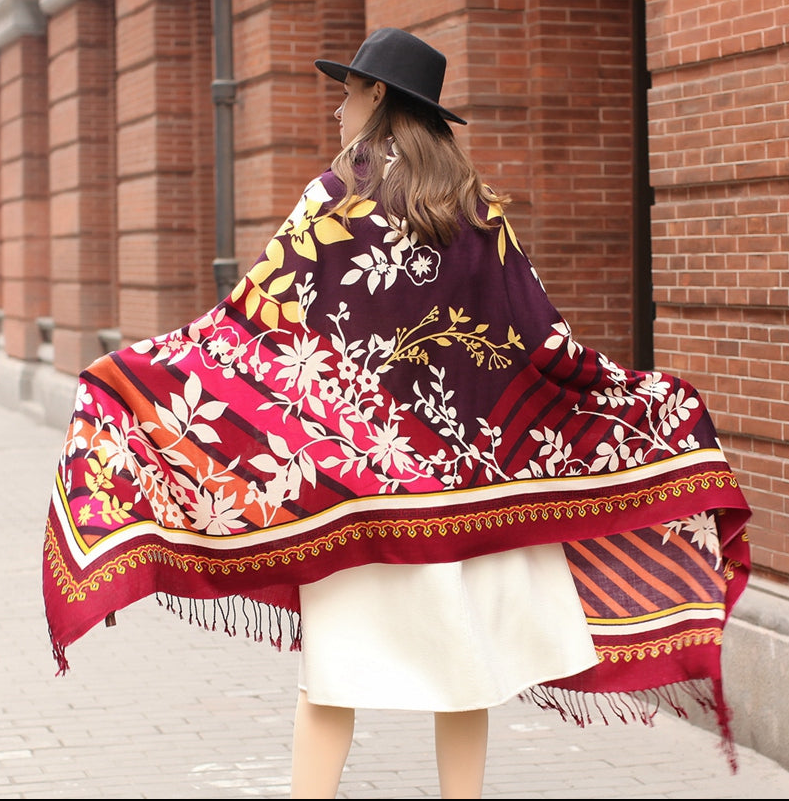 Anyyou 100% Merino Wool Burgundy  Silk Satin Large Winter Scarf Pashmina Shawl Bandana Perfect For Women Ladies Fashion Style
