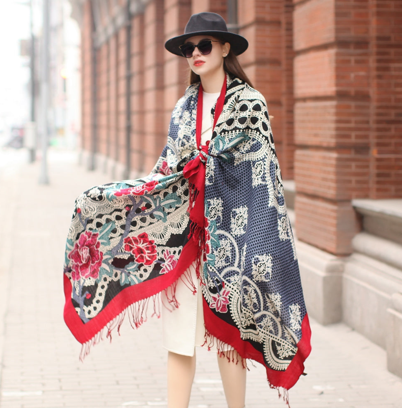 Anyyou 100% Pure Merino Wool Multicolor Rose Zentangle Stylish Poncho Winter Large Scarf With Trendy Pashmina Shawl Bandana  For Womenfashion Design