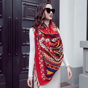 Anyyou 100% Merino Wool Native And Red Patterned  Silk Satin Large Winter Scarf Pashmina Shawl Bandana Perfect For Women Ladies Fashion Style