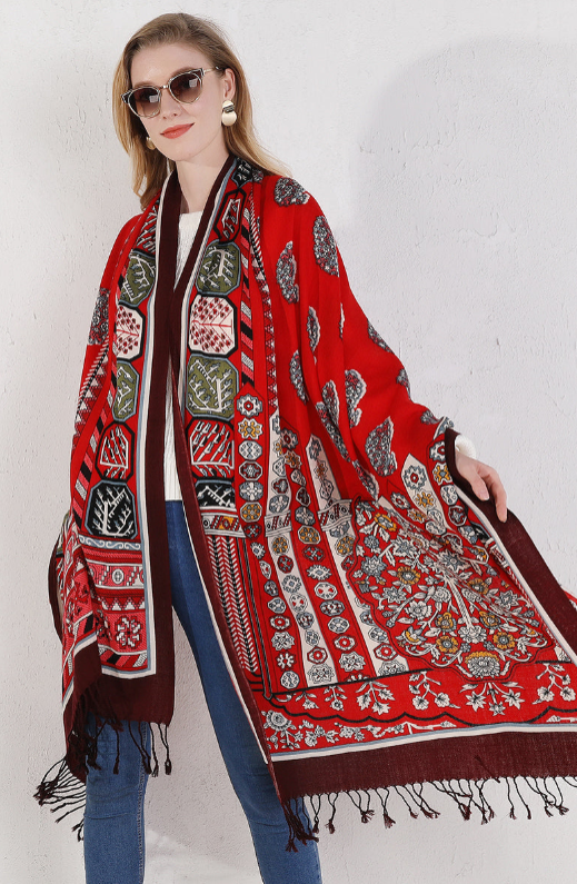 Anyyou 100% Merino Wool Red Black Edge  Silk Satin Large Winter Scarf Pashmina Shawl Bandana Perfect For Women Ladies Fashion Style