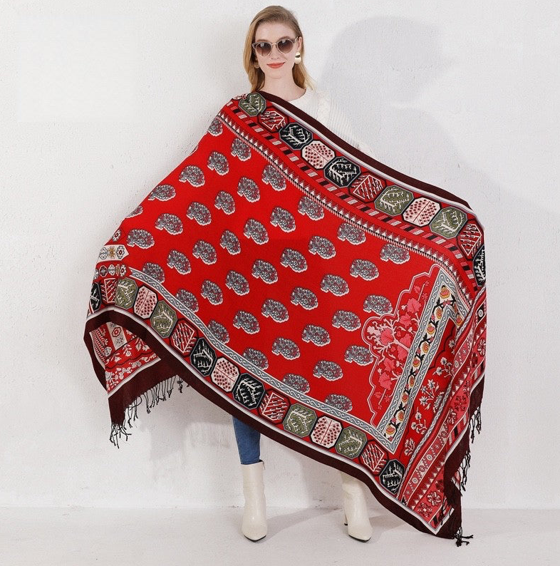 Anyyou 100% Merino Wool Red Black Edge  Silk Satin Large Winter Scarf Pashmina Shawl Bandana Perfect For Women Ladies Fashion Style