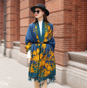 Anyyou 100% Merino Wool Yellow Blue Royal  Silk Satin Large Winter Scarf Pashmina Shawl Bandana Perfect For Women Ladies Fashion Style