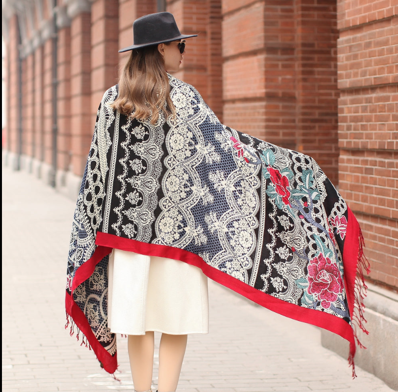 Anyyou 100% Pure Merino Wool Multicolor Rose Zentangle Stylish Poncho Winter Large Scarf With Trendy Pashmina Shawl Bandana  For Womenfashion Design