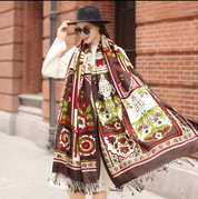 Anyyou 100% Merino Wool Dark Brown Flowers And Patterns Silk Satin Large Winter Scarf Pashmina Shawl Bandana Perfect For Women Ladies Fashion Style