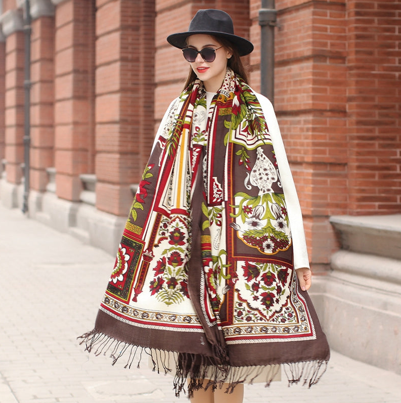 Anyyou 100% Merino Wool Dark Brown Flowers And Patterns Silk Satin Large Winter Scarf Pashmina Shawl Bandana Perfect For Women Ladies Fashion Style