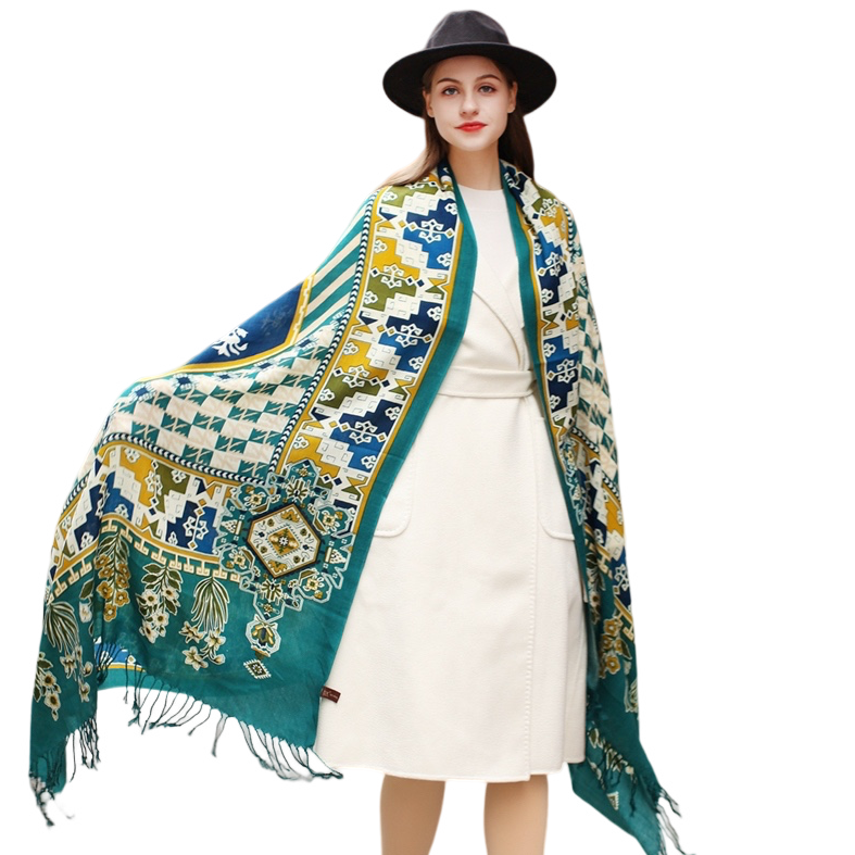 Anyyou 100% Merino Wool Blue Biege  Silk Satin Large Winter Scarf Pashmina Shawl Bandana Perfect For Women Ladies Fashion Style