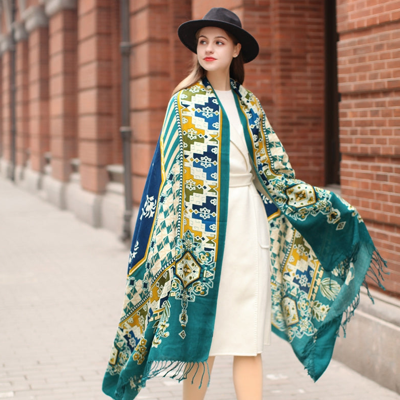 Anyyou 100% Merino Wool Blue Biege  Silk Satin Large Winter Scarf Pashmina Shawl Bandana Perfect For Women Ladies Fashion Style