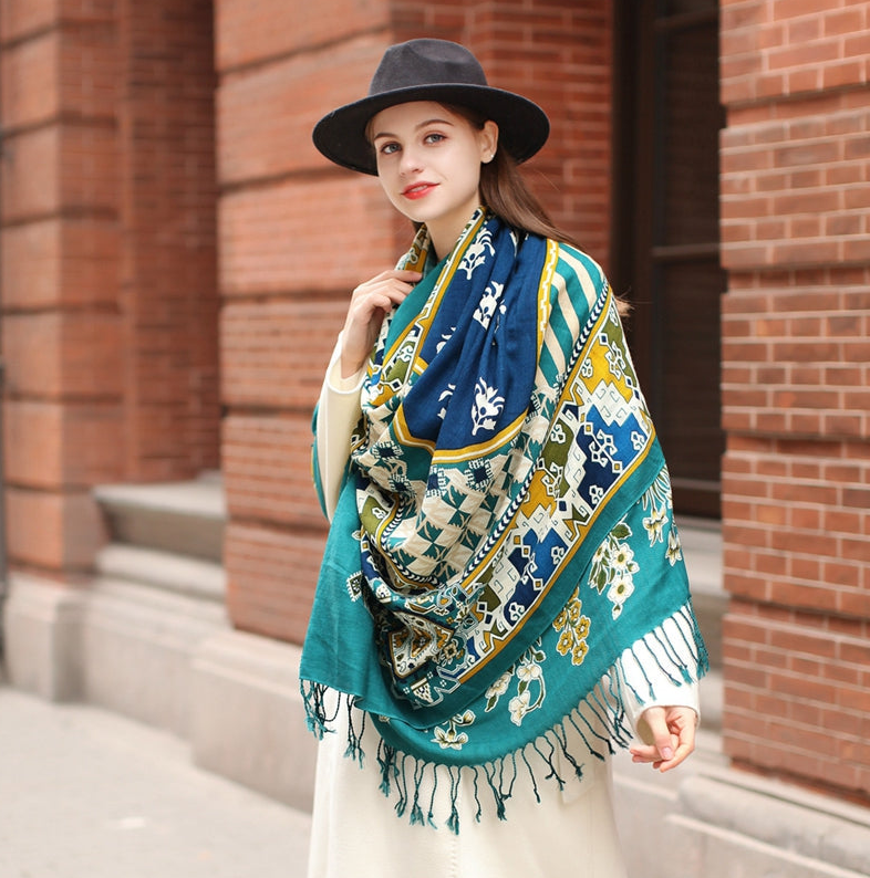 Anyyou 100% Merino Wool Blue Biege  Silk Satin Large Winter Scarf Pashmina Shawl Bandana Perfect For Women Ladies Fashion Style