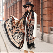 Anyyou 100% Merino Wool Black Brown Elegant Twirl Pattern Silk Satin Large Winter Scarf Pashmina Shawl Bandana Perfect For Women Ladies Fashion Style