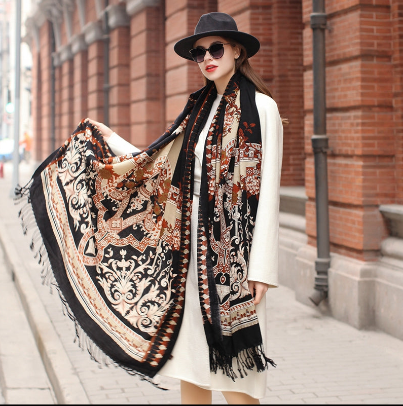 Anyyou 100% Merino Wool Black Brown Elegant Twirl Pattern Silk Satin Large Winter Scarf Pashmina Shawl Bandana Perfect For Women Ladies Fashion Style