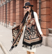 Anyyou 100% Merino Wool Black Brown Elegant Twirl Pattern Silk Satin Large Winter Scarf Pashmina Shawl Bandana Perfect For Women Ladies Fashion Style