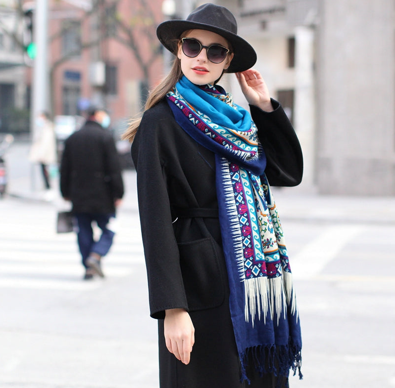 Anyyou 100% Merino Wool Sky Blue  Silk Satin Large Winter Scarf Pashmina Shawl Bandana Perfect For Women Ladies Fashion Style