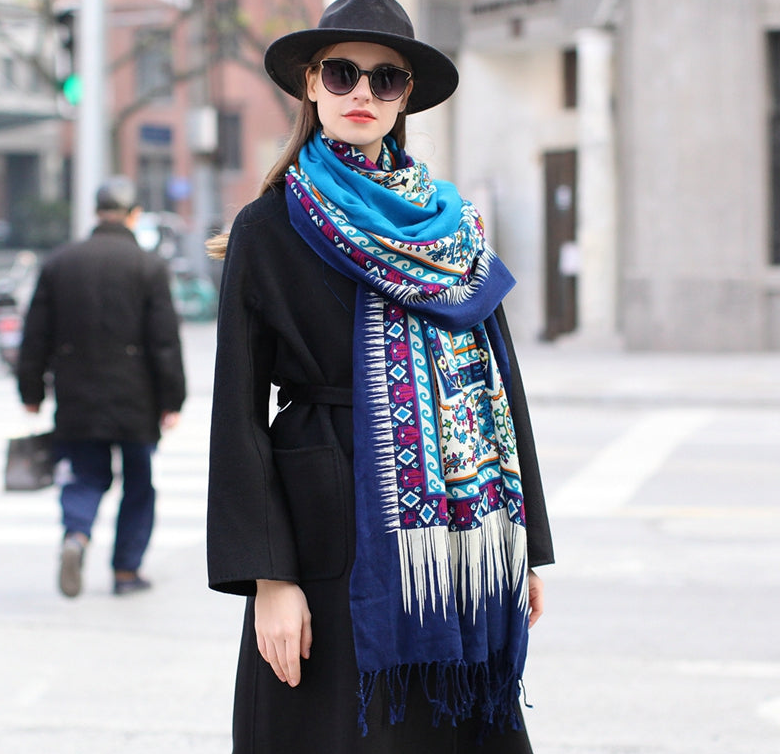 Anyyou 100% Merino Wool Sky Blue  Silk Satin Large Winter Scarf Pashmina Shawl Bandana Perfect For Women Ladies Fashion Style