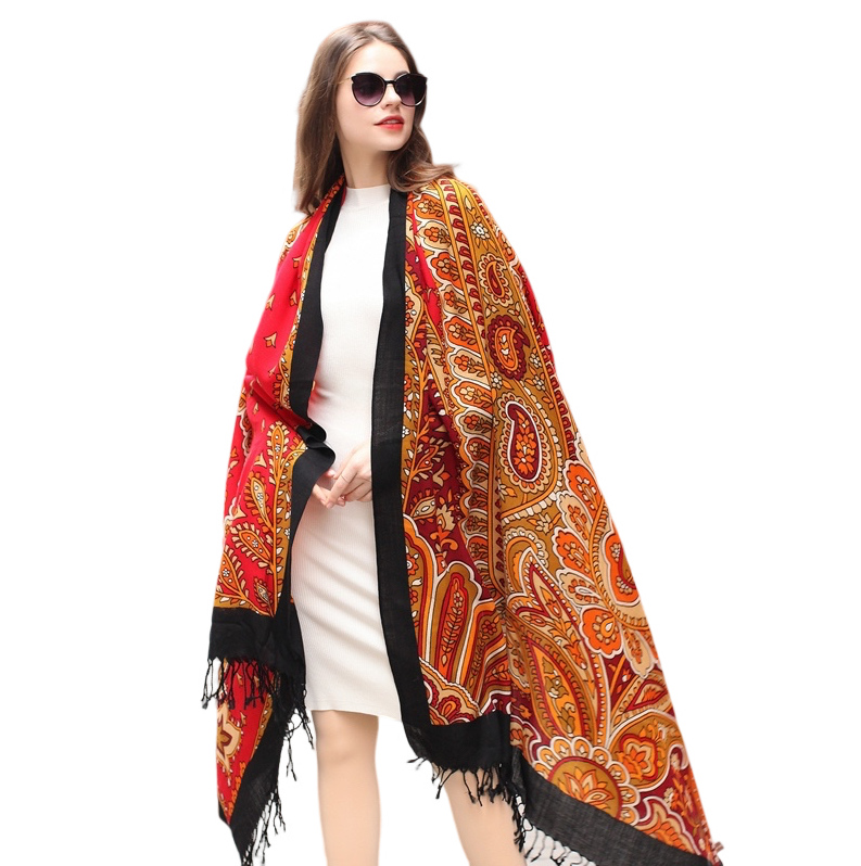Anyyou 100% Merino Wool Black Red Orange  Silk Satin Large Winter Scarf Pashmina Shawl Bandana Perfect for Women Ladies Fashion Style