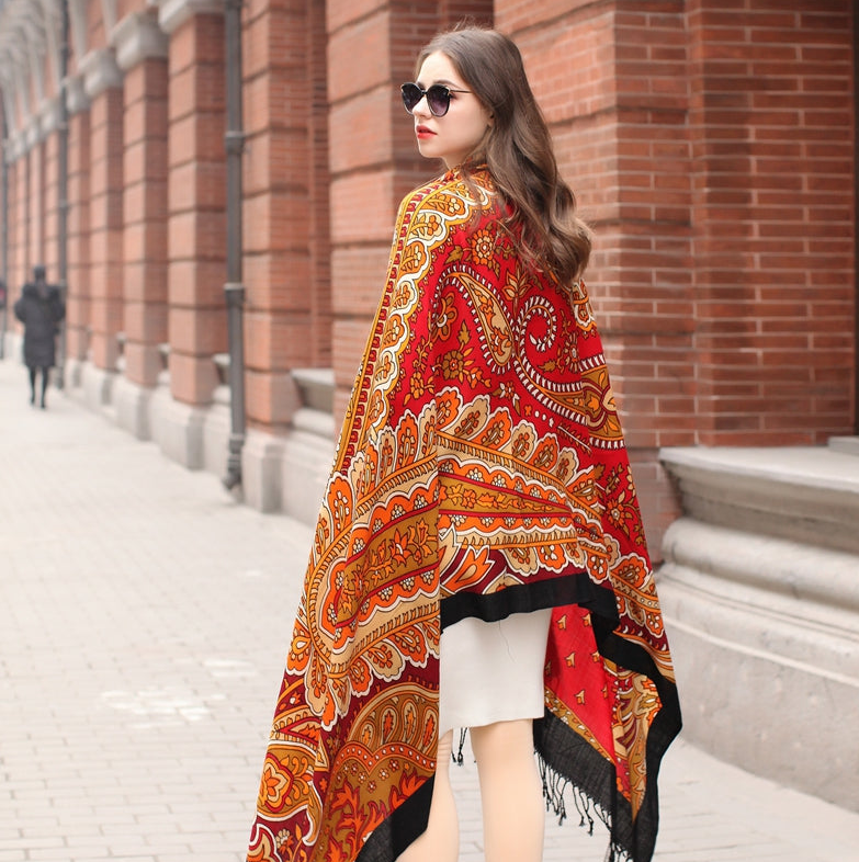 Anyyou 100% Merino Wool Black Red Orange  Silk Satin Large Winter Scarf Pashmina Shawl Bandana Perfect for Women Ladies Fashion Style